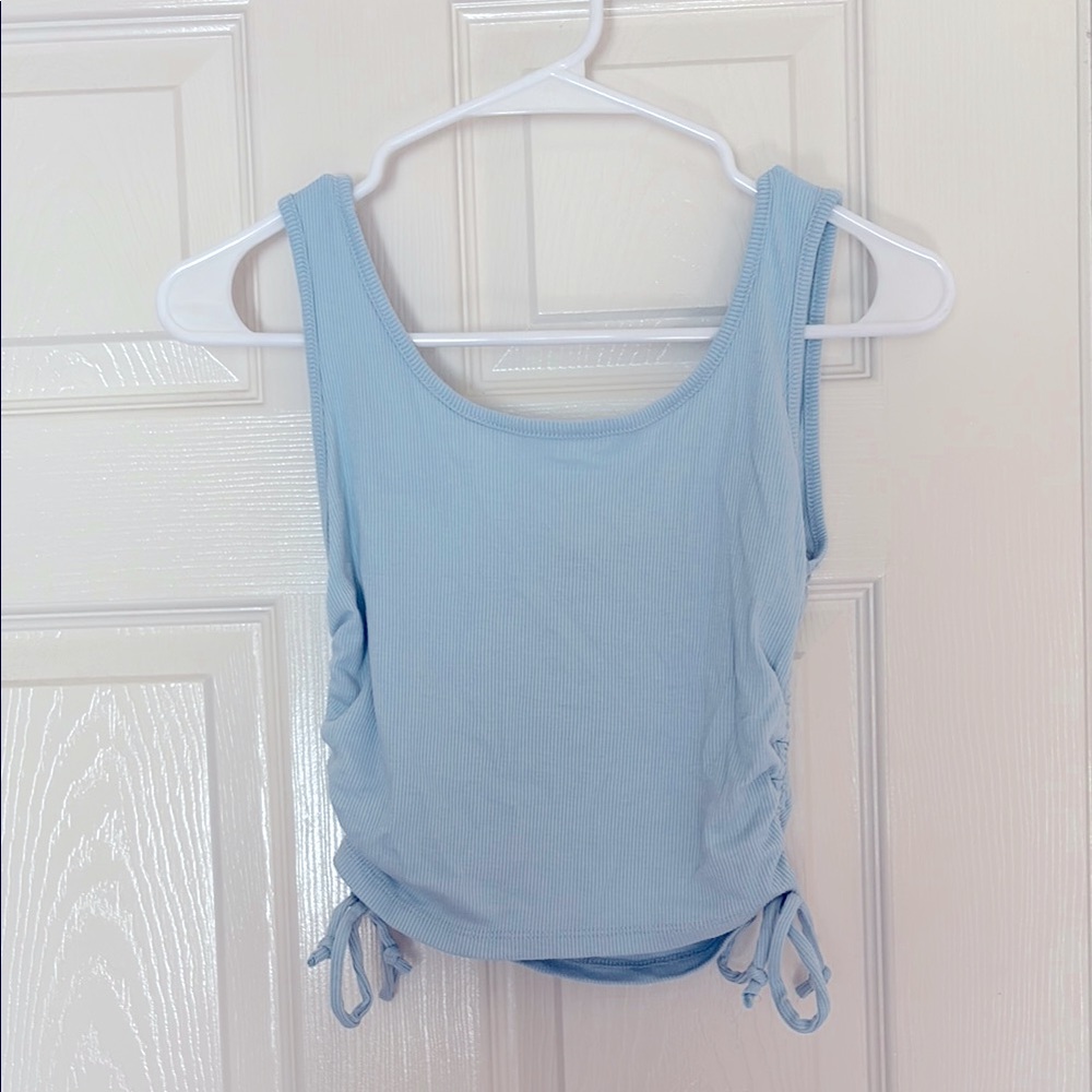 Fashion Nova Blue Ruched Tie Front Crop Tank Top
